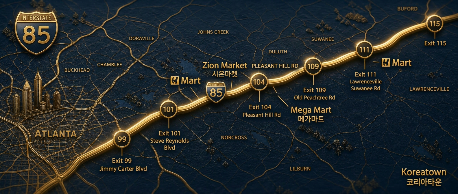 I-85 애틀랜타 한인 커뮤니티 코리도 — Exit 99 Jimmy Carter Blvd · Exit 104 Pleasant Hill Rd · Exit 109 Old Peachtree Rd · Exit 111 Lawrenceville Suwanee Rd